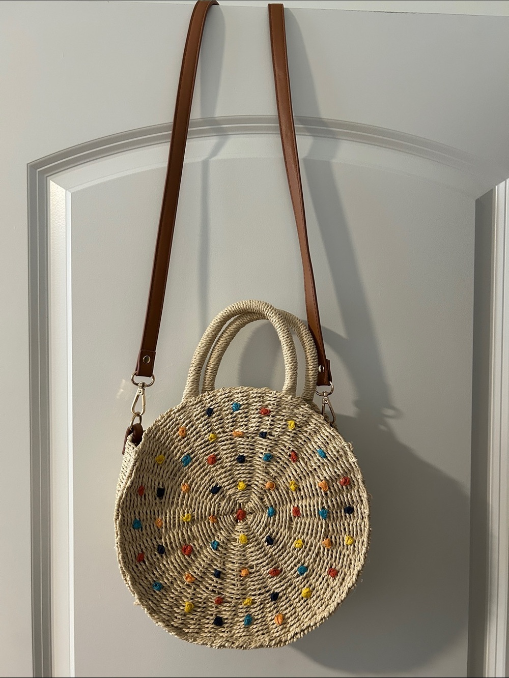 Woven Round Straw Crossbody Bag with Colorful Dot Accents - Natural